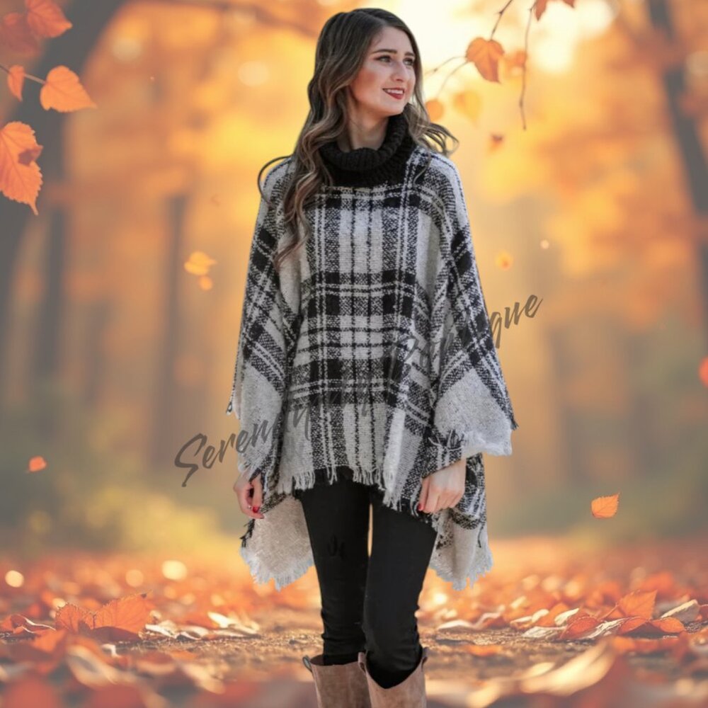 Cozy Soft Light Weight Plaid Gingham Chunky Cowl Turtleneck Poncho Sweater